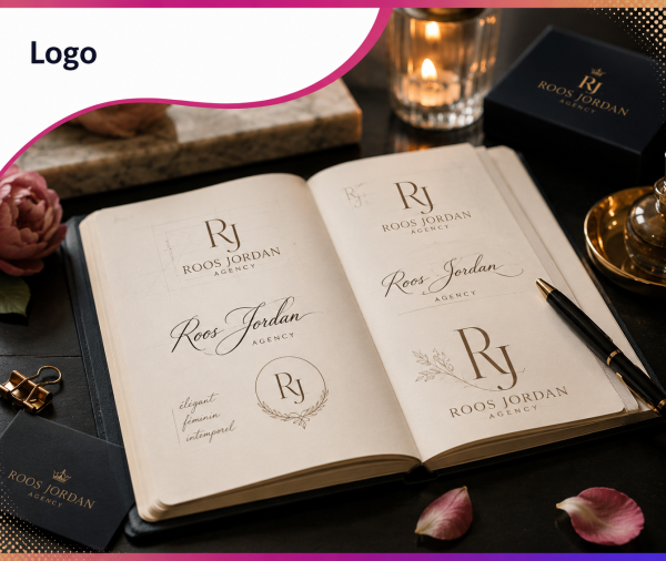 Création de logo premium – Formule Bronze de Roos Jordan Agency : conception de logos professionnels et d'identités visuelles élégantes pour les entreprises de mode, beauté et bien-être.