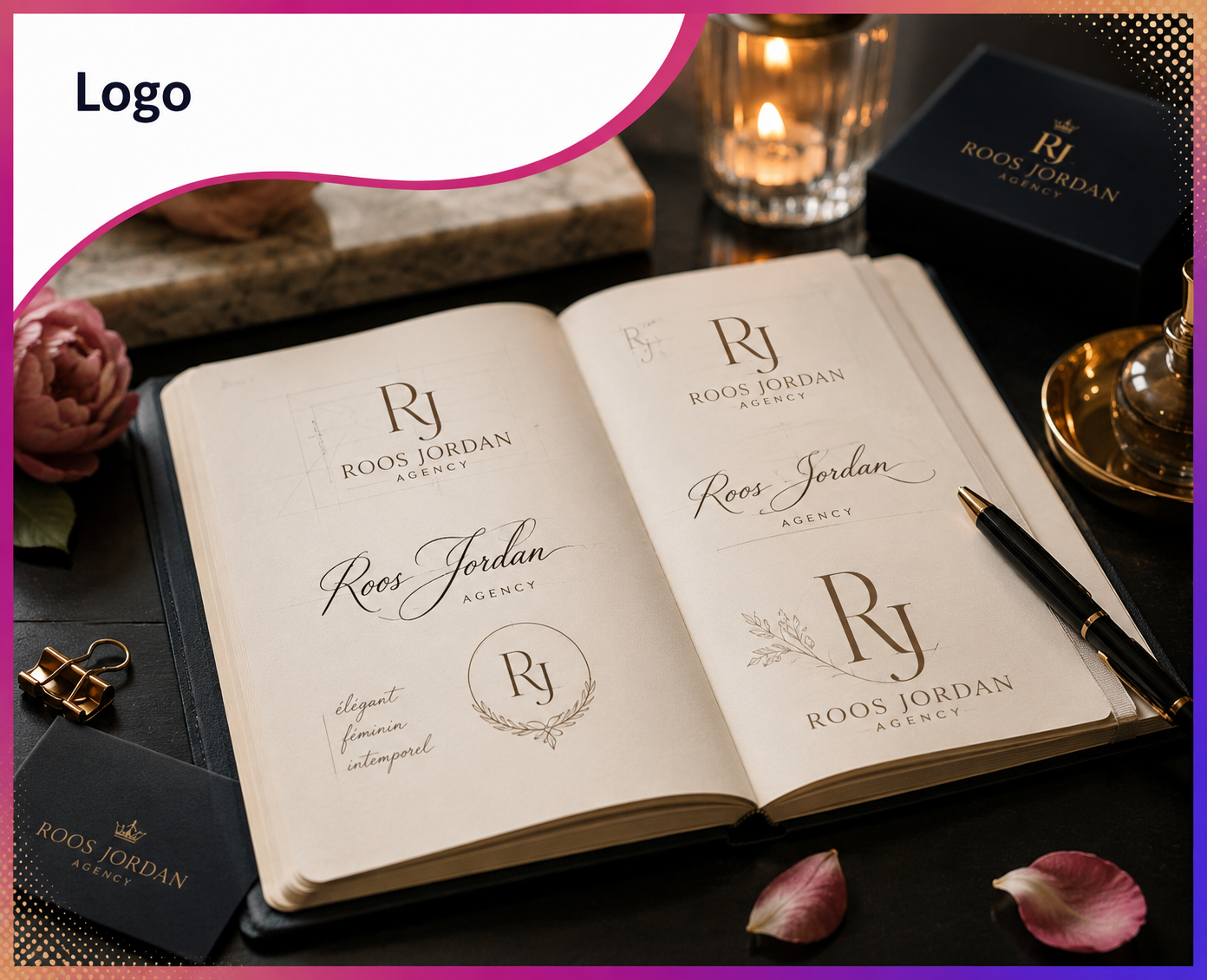 Création de logo premium – Formule Bronze de Roos Jordan Agency : conception de logos professionnels et d'identités visuelles élégantes pour les entreprises de mode, beauté et bien-être.
