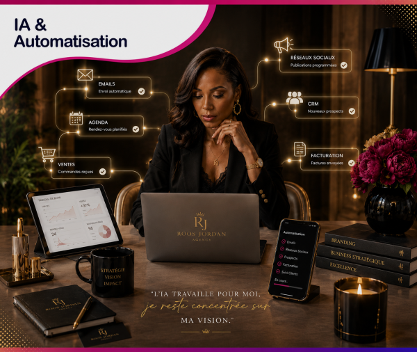 IA & Automatisation Business – Formule Bronze Roos Jordan Agency : automatisation intelligente des tâches, CRM, e-mails, réseaux sociaux et gestion d'entreprise grâce à l'intelligence artificielle.