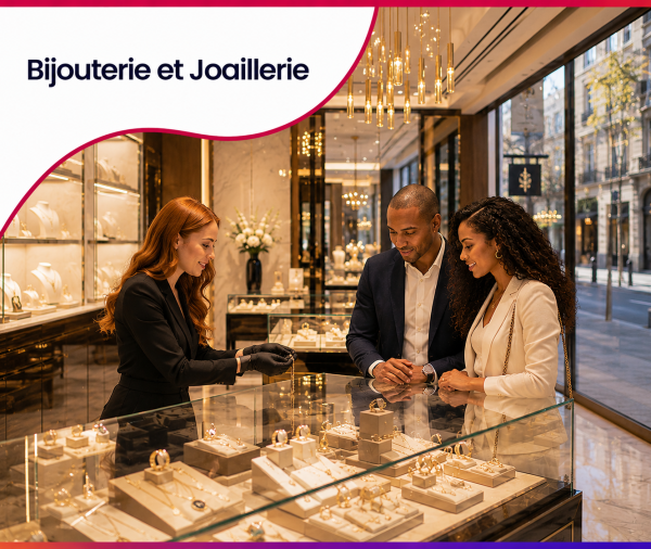 Vendeuse en bijouterie présentant un bijou à un couple de clients dans une boutique de joaillerie haut de gamme, illustrant les services web et le consulting stratégique proposés par Roos Jordan Agency aux professionnels de la bijouterie et de la joaillerie.