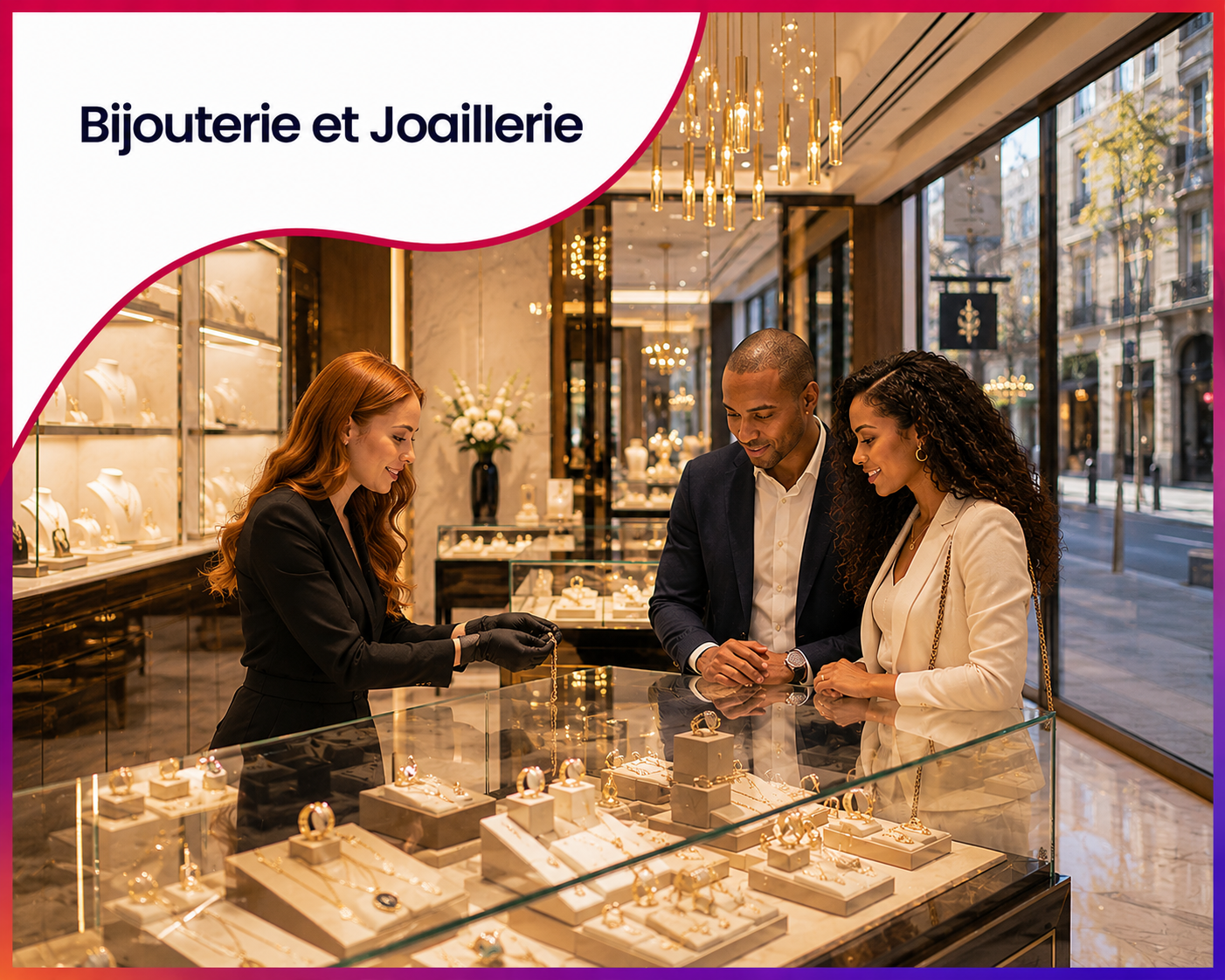 Vendeuse en bijouterie présentant un bijou à un couple de clients dans une boutique de joaillerie haut de gamme, illustrant les services web et le consulting stratégique proposés par Roos Jordan Agency aux professionnels de la bijouterie et de la joaillerie.