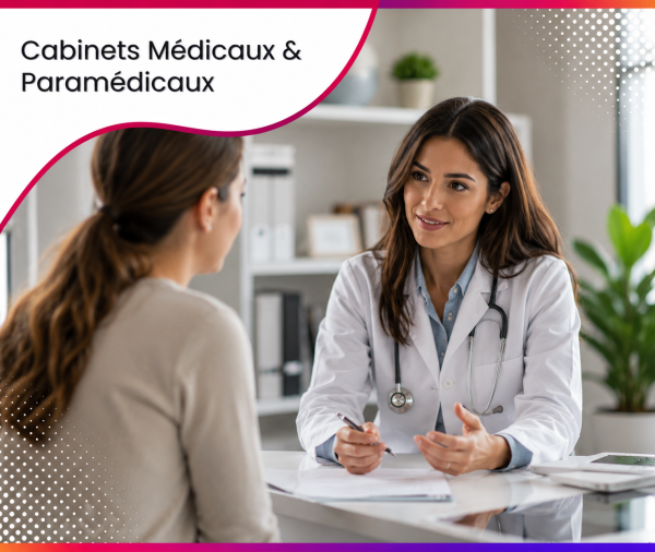 Médecin en blouse blanche recevant un patient lors d'une consultation dans un cabinet médical moderne, illustrant les services web et le consulting stratégique proposés par Roos Jordan Agency aux professionnels de santé.