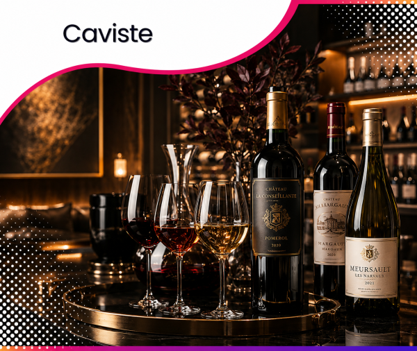 Sélection de grands crus et verres de dégustation dans une cave à vin haut de gamme, illustrant les services web et le consulting stratégique proposés par Roos Jordan Agency aux cavistes et professionnels du vin.