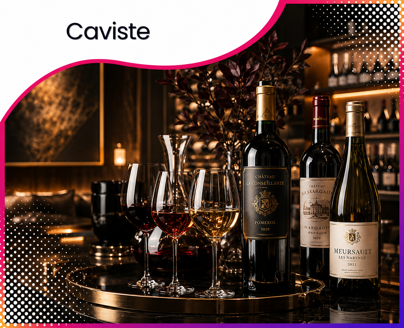 Sélection de grands crus et verres de dégustation dans une cave à vin haut de gamme, illustrant les services web et le consulting stratégique proposés par Roos Jordan Agency aux cavistes et professionnels du vin.