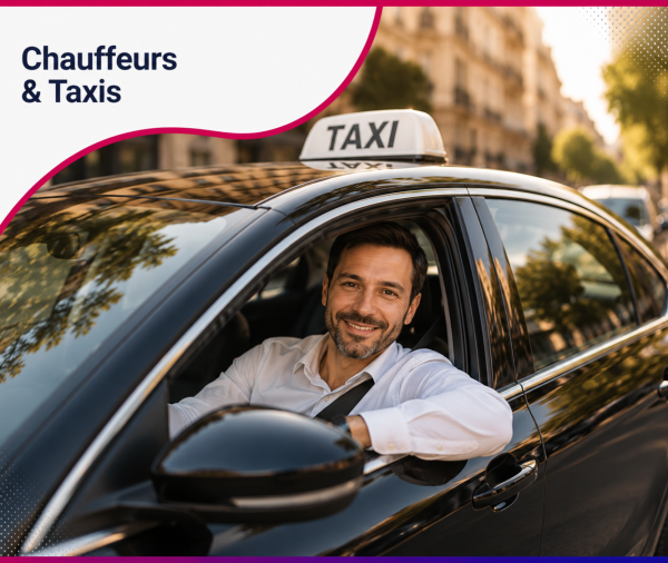 Chauffeur de taxi professionnel au volant d'un véhicule premium, illustrant les services web et le consulting stratégique proposés par Roos Jordan Agency aux chauffeurs indépendants, taxis et entreprises de transport.