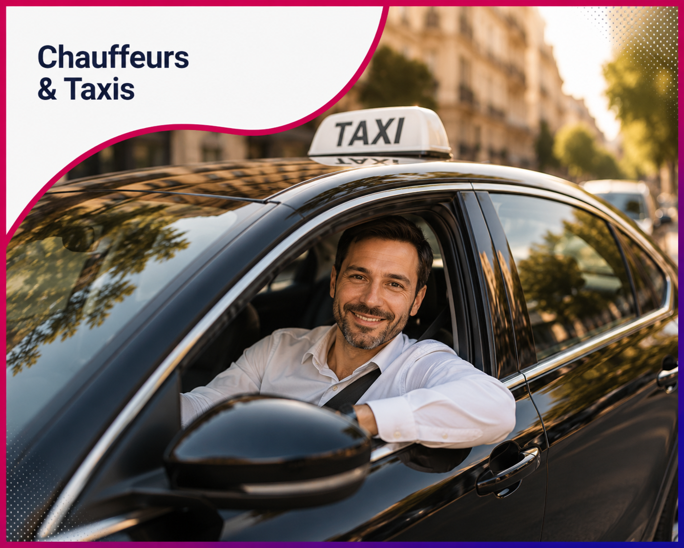 Chauffeur de taxi professionnel au volant d'un véhicule premium, illustrant les services web et le consulting stratégique proposés par Roos Jordan Agency aux chauffeurs indépendants, taxis et entreprises de transport.