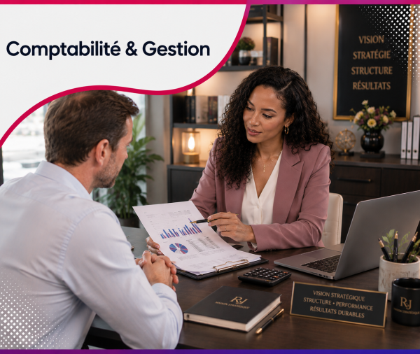 Consultante en comptabilité et gestion échangeant avec un client lors d'un rendez-vous professionnel, illustrant les services web et le consulting stratégique proposés par Roos Jordan Agency aux cabinets comptables et professionnels de la gestion.
