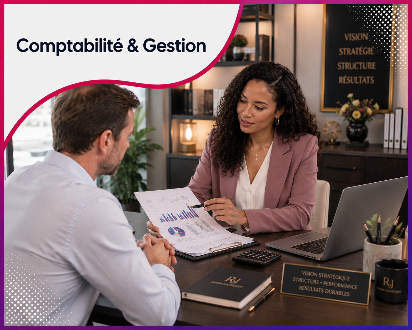 Consultante en comptabilité et gestion échangeant avec un client lors d'un rendez-vous professionnel, illustrant les services web et le consulting stratégique proposés par Roos Jordan Agency aux cabinets comptables et professionnels de la gestion.