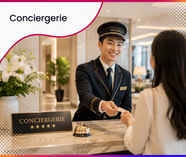Concierge accueillant chaleureusement un client dans un hôtel haut de gamme, illustrant les services web et le consulting stratégique proposés par Roos Jordan Agency aux conciergeries, gestionnaires de locations saisonnières et professionnels de l'accueil premium.