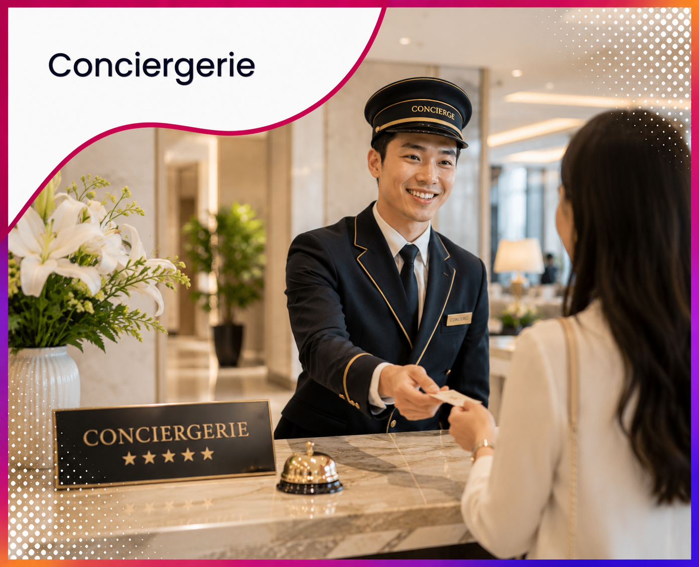 Concierge accueillant chaleureusement un client dans un hôtel haut de gamme, illustrant les services web et le consulting stratégique proposés par Roos Jordan Agency aux conciergeries, gestionnaires de locations saisonnières et professionnels de l'accueil premium.