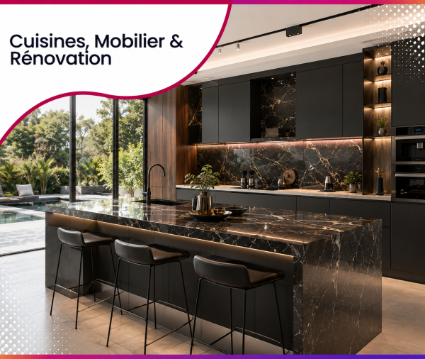 Cuisine contemporaine haut de gamme avec îlot central en marbre, illustrant les services web et le consulting stratégique proposés par Roos Jordan Agency aux cuisinistes, architectes d'intérieur, entreprises de rénovation et professionnels de l'aménagement.