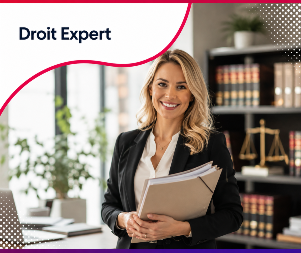 Avocate souriante tenant des dossiers dans un cabinet juridique haut de gamme, illustrant les services web et le consulting stratégique proposés par Roos Jordan Agency aux professionnels du droit.