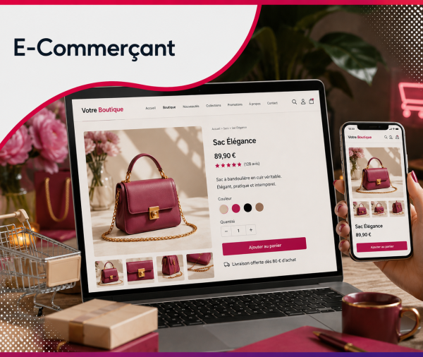 Page produit d'une boutique en ligne premium affichée sur ordinateur et smartphone, illustrant les services web et le consulting stratégique proposés par Roos Jordan Agency aux e-commerçants.