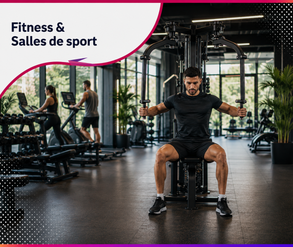 Sportif utilisant une machine de musculation dans une salle de sport premium, illustrant les services web et le consulting stratégique proposés par Roos Jordan Agency aux salles de sport, coachs sportifs et professionnels du fitness.
