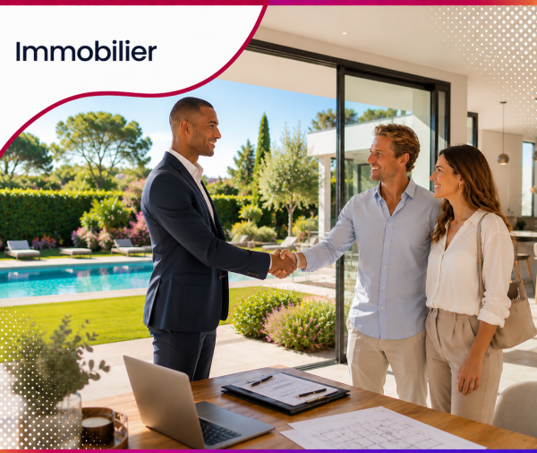 Agent immobilier accueillant un couple dans une villa contemporaine avec jardin et piscine, illustrant les services web et le consulting stratégique proposés par Roos Jordan Agency aux professionnels de l'immobilier.