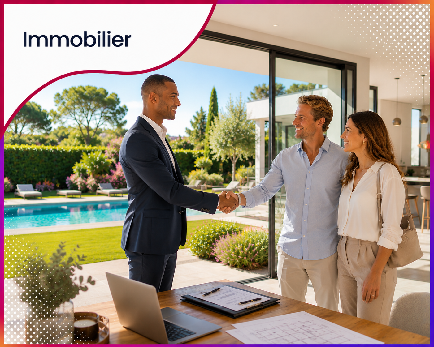 Agent immobilier accueillant un couple dans une villa contemporaine avec jardin et piscine, illustrant les services web et le consulting stratégique proposés par Roos Jordan Agency aux professionnels de l'immobilier.