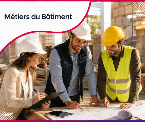 Professionnels des métiers du bâtiment réunis autour de plans de chantier, illustrant les services web et le consulting stratégique proposés par Roos Jordan Agency aux entreprises du bâtiment.