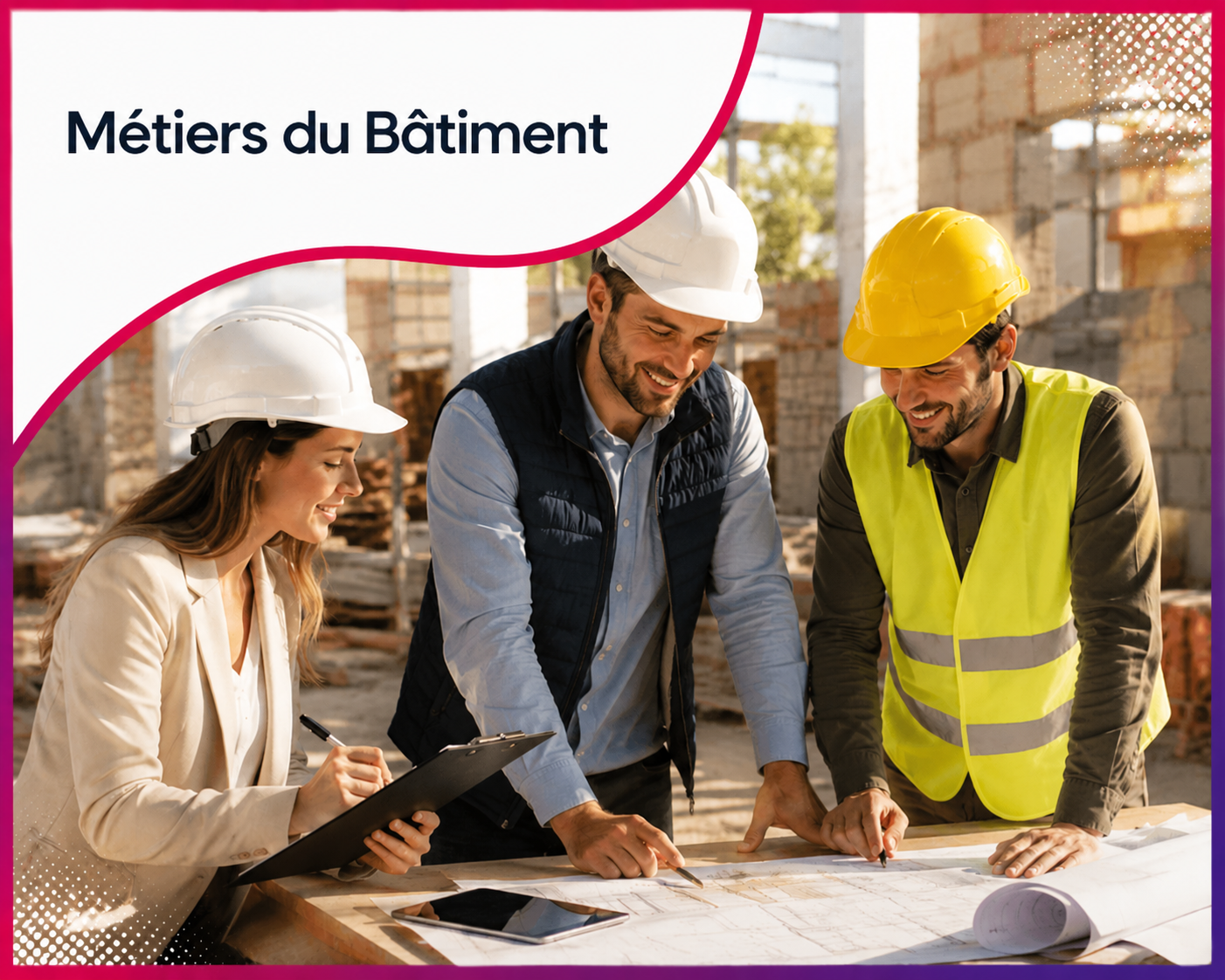 Professionnels des métiers du bâtiment réunis autour de plans de chantier, illustrant les services web et le consulting stratégique proposés par Roos Jordan Agency aux entreprises du bâtiment.