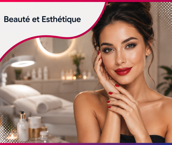 Professionnelle de la beauté élégamment maquillée avec un rouge à lèvres rouge dans un institut haut de gamme, illustrant les services web et le consulting stratégique proposés par Roos Jordan Agency aux professionnels de la beauté et de l'esthétique.