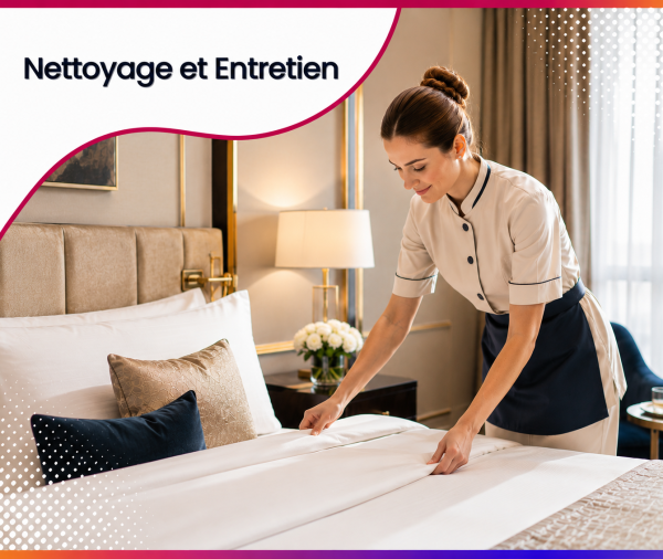 Employée d’entretien préparant un lit dans une chambre d’hôtel haut de gamme, illustrant les services web et le consulting stratégique proposés par Roos Jordan Agency aux entreprises de nettoyage et d’entretien.