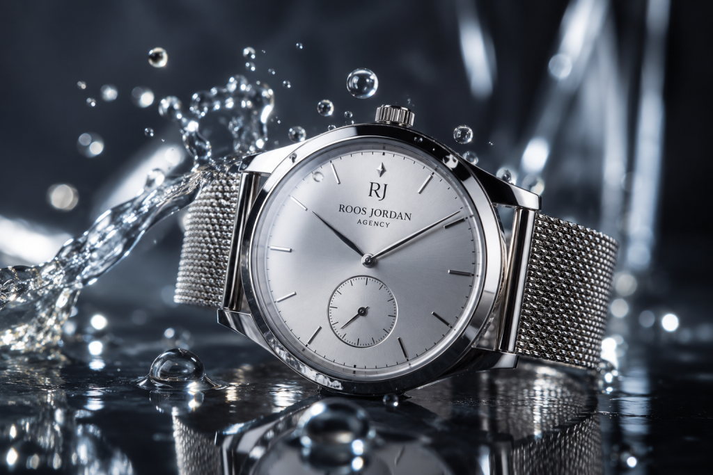 Montre de luxe argent illustrant l'écosystème digital stratégique et la performance de l'offre Silver de Roos Jordan Agency. Elle symbolise un écosystème digital performant, l'automatisation et le gain de temps pour les dirigeantes d'entreprise.
