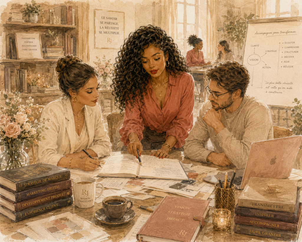 Illustration d'une consultante en stratégie accompagnant un dirigeant et une collaboratrice lors d'un atelier de réflexion stratégique, symbole de la transmission de savoir au cœur de la Maison stratégique Roos Jordan.