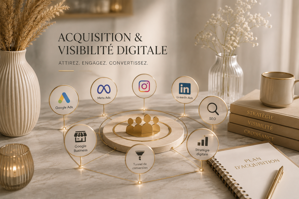 Illustration de la stratégie d'acquisition et de visibilité digitale proposée par Roos Jordan Agency : Google Ads, Meta Ads, SEO, Google Business Profile, tunnel de conversion et stratégie digitale pour développer l'acquisition client.