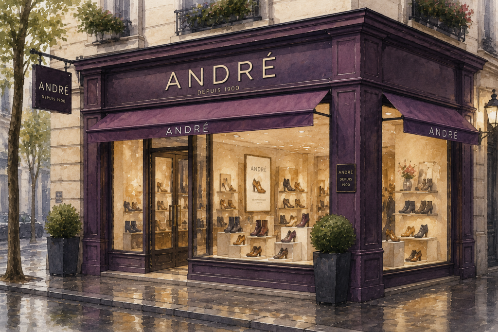 Illustration en aquarelle de la boutique André Chaussures, symbole de l'expérience de la fondatrice au sein d'une enseigne française spécialisée dans la mode et la chaussure, ayant contribué à développer son expertise du commerce, de l'expérience client et de la stratégie de marque.