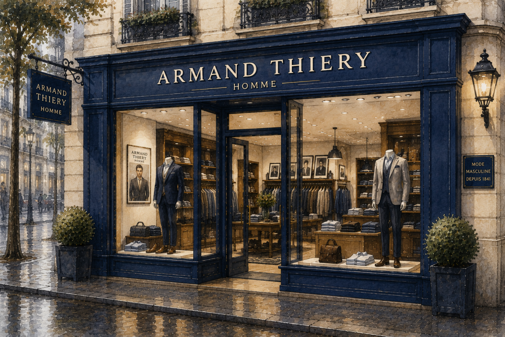 Illustration en aquarelle de la boutique Armand Thiery Homme, symbole de l'expérience de la fondatrice au sein d'une enseigne française de prêt-à-porter masculin ayant contribué à développer son expertise en commerce, merchandising et stratégie de marque.
