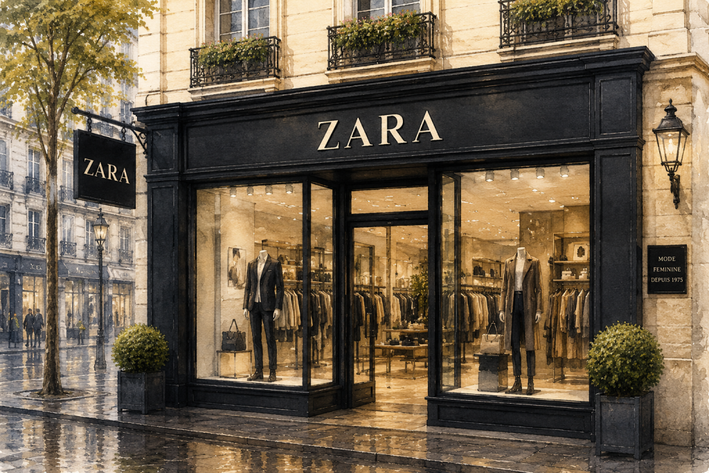 Illustration en aquarelle de la boutique Zara, symbole de l'expérience de la fondatrice au sein d'une enseigne internationale de prêt-à-porter ayant contribué à développer son expertise en stratégie commerciale, marketing de la mode et expérience client.