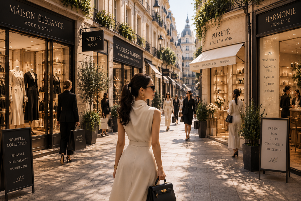 Illustration d'une dirigeante marchant dans une rue commerçante regroupant des boutiques de mode, de beauté, de bijoux, de chaussures et de bien-être, représentant le cœur de cible de la Maison stratégique Roos Jordan.