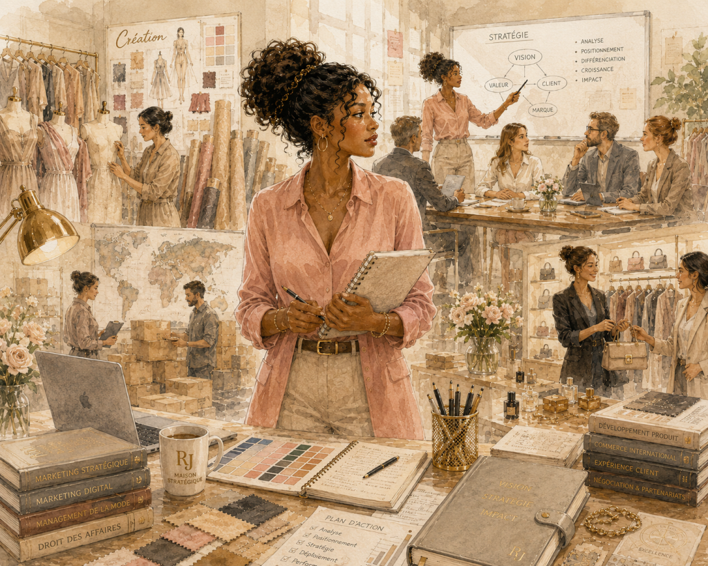 Illustration d'une consultante en stratégie évoluant entre les univers de la mode, du marketing, du développement produit et du conseil, symbolisant l'expérience de terrain à l'origine de la Maison stratégique Roos Jordan.