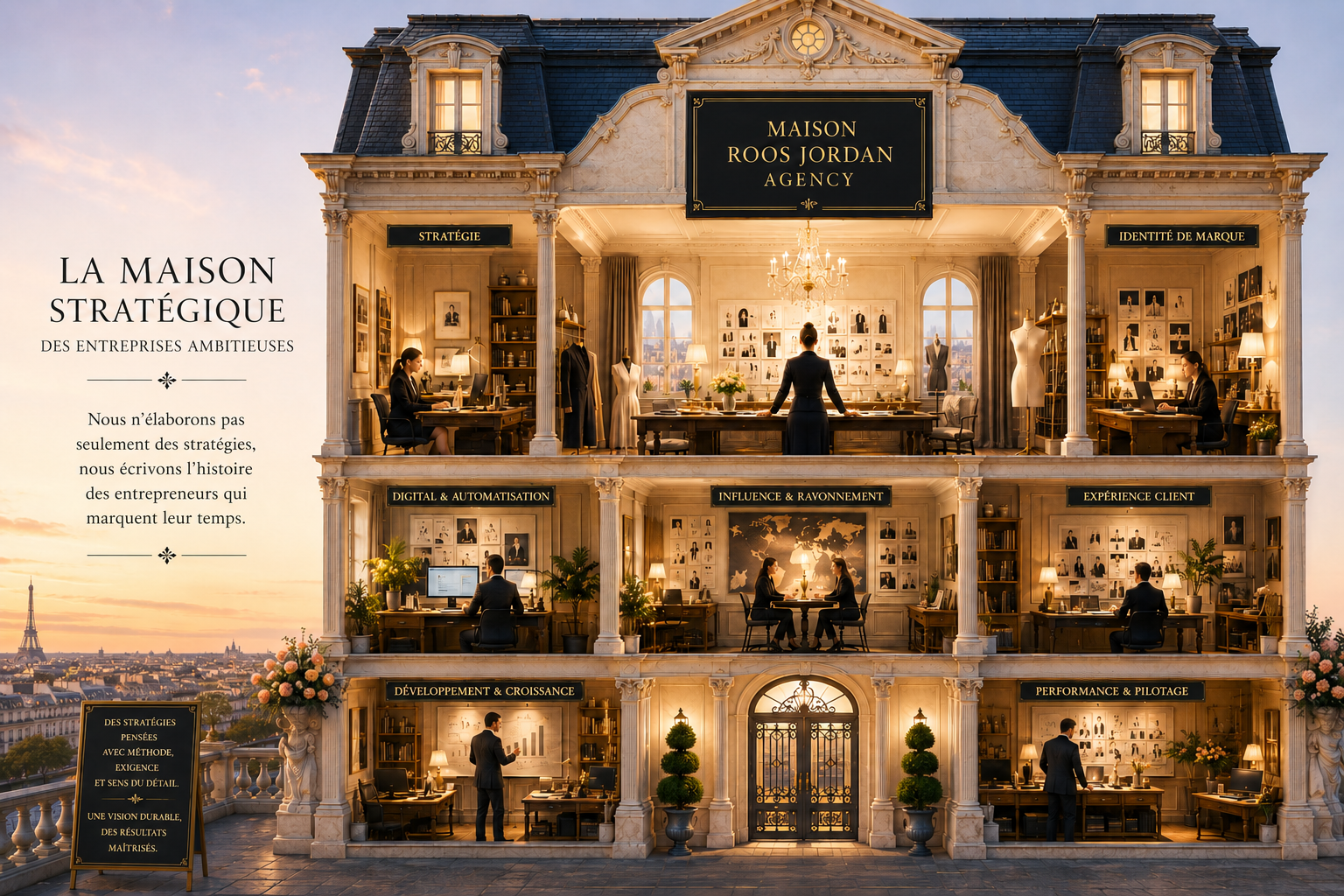 Illustration de la Maison Roos Jordan, la Fabrique des Success Stories, représentant un atelier stratégique où naissent des entreprises ambitieuses grâce à l'élégance française, au savoir-faire et à une vision stratégique sur mesure.