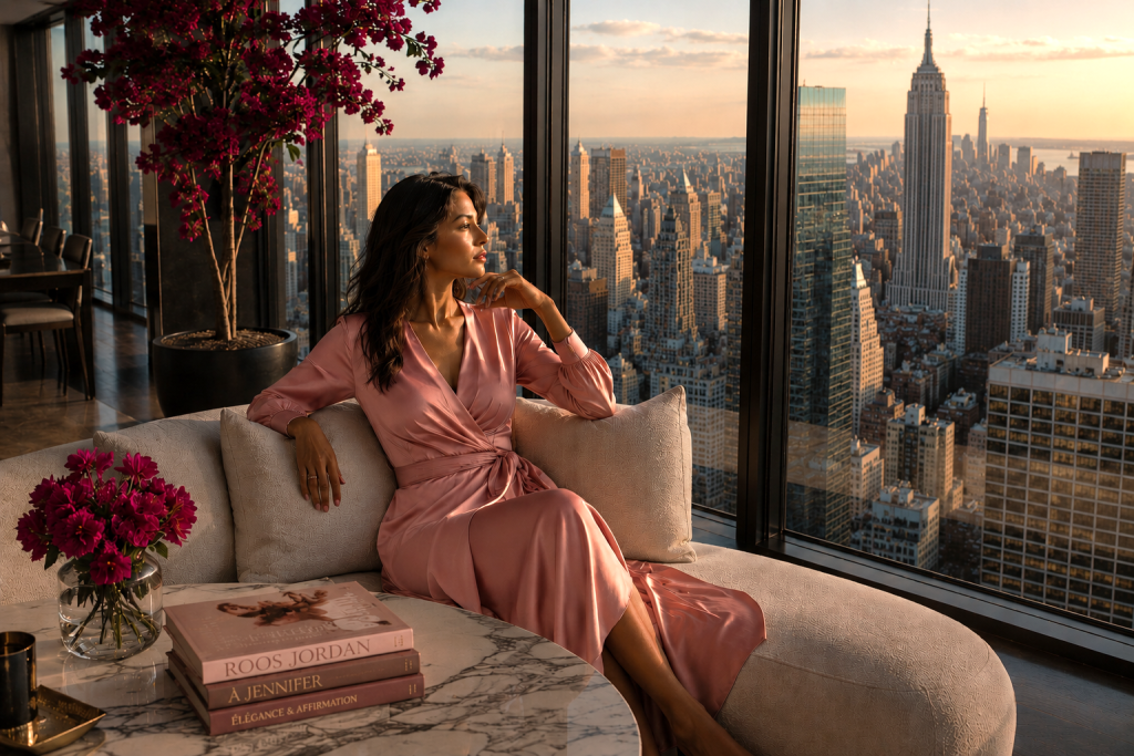 Dirigeante observant la ville depuis un loft haut de gamme, symbole d'une stratégie d'influence, d'un leadership affirmé et d'une visibilité professionnelle développés par Roos Jordan Agency.