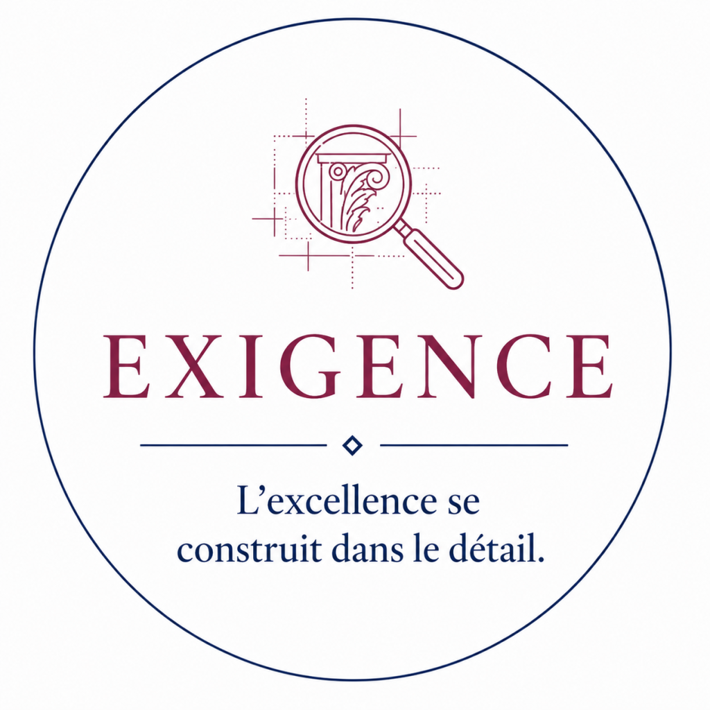 Illustration représentant l'exigence et le savoir-faire à travers le travail minutieux d'un artisan sur un élément architectural, symbole de la philosophie de Roos Jordan Agency où l'excellence se construit dans le détail.