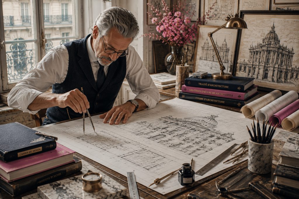 Architecte réalisant avec précision les plans d'un monument, illustrant la technicité et la rigueur qui inspirent la philosophie stratégique de Roos Jordan Agency.