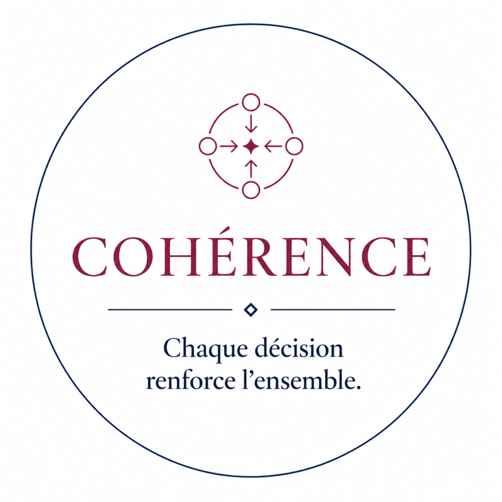 Illustration représentant la cohérence stratégique d'une entreprise à travers une maquette de siège social, des plans d'architecture et des décisions alignées selon la philosophie de Roos Jordan Agency.