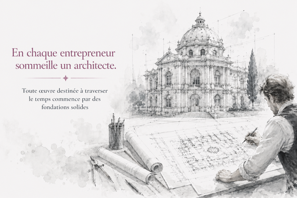 Illustration de la philosophie de Roos Jordan Agency représentant une entreprise pensée comme un monument, construit sur des fondations solides, une vision stratégique et une méthode durable.