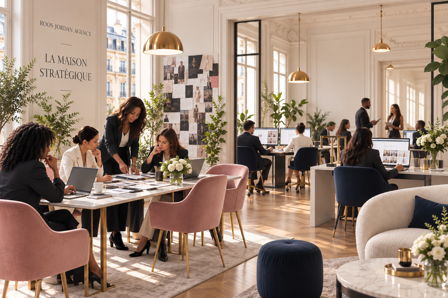 Équipe de Roos Jordan Agency travaillant au sein de La Maison stratégique dans un espace élégant inspiré du savoir-faire français.